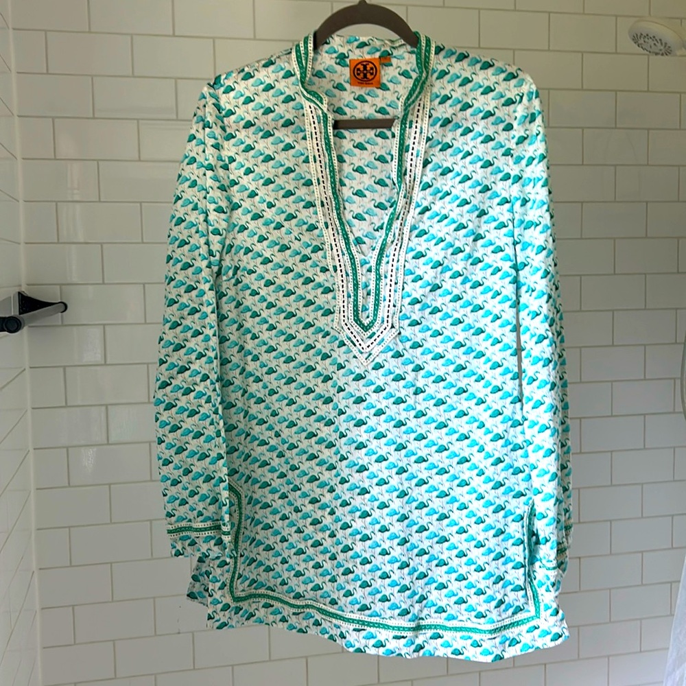 Tory Burch Long-Sleeve Flamingo Tunic with Embroidered Trim